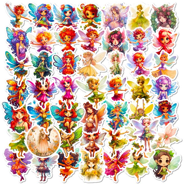 Paquete de pegatinas Fairy, 50 unidades, coloridas flores de vinilo con forma de ángel y niña