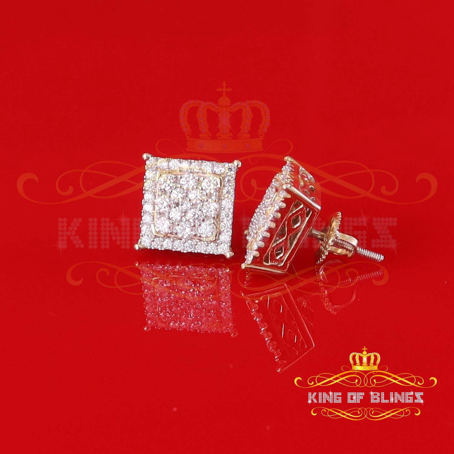 King of Bling's Men's/Women's 925 Silver Yellow 1.25ct VVS 'D' Moissanite Square Stud Earrings