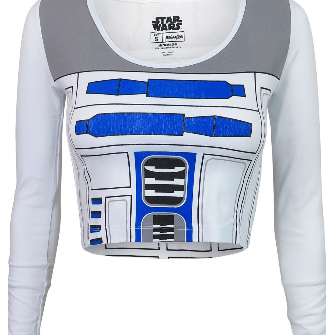 Women\'s R2D2 Small Wars Long Star Sleeve Top T-Shirt-Fitted Crop