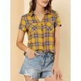 thumbnail image 6 of MODA NOVA Juniors Cotton Boyfriend Button Front Short Sleeves Plaid Shirt L Yellow, 6 of 7