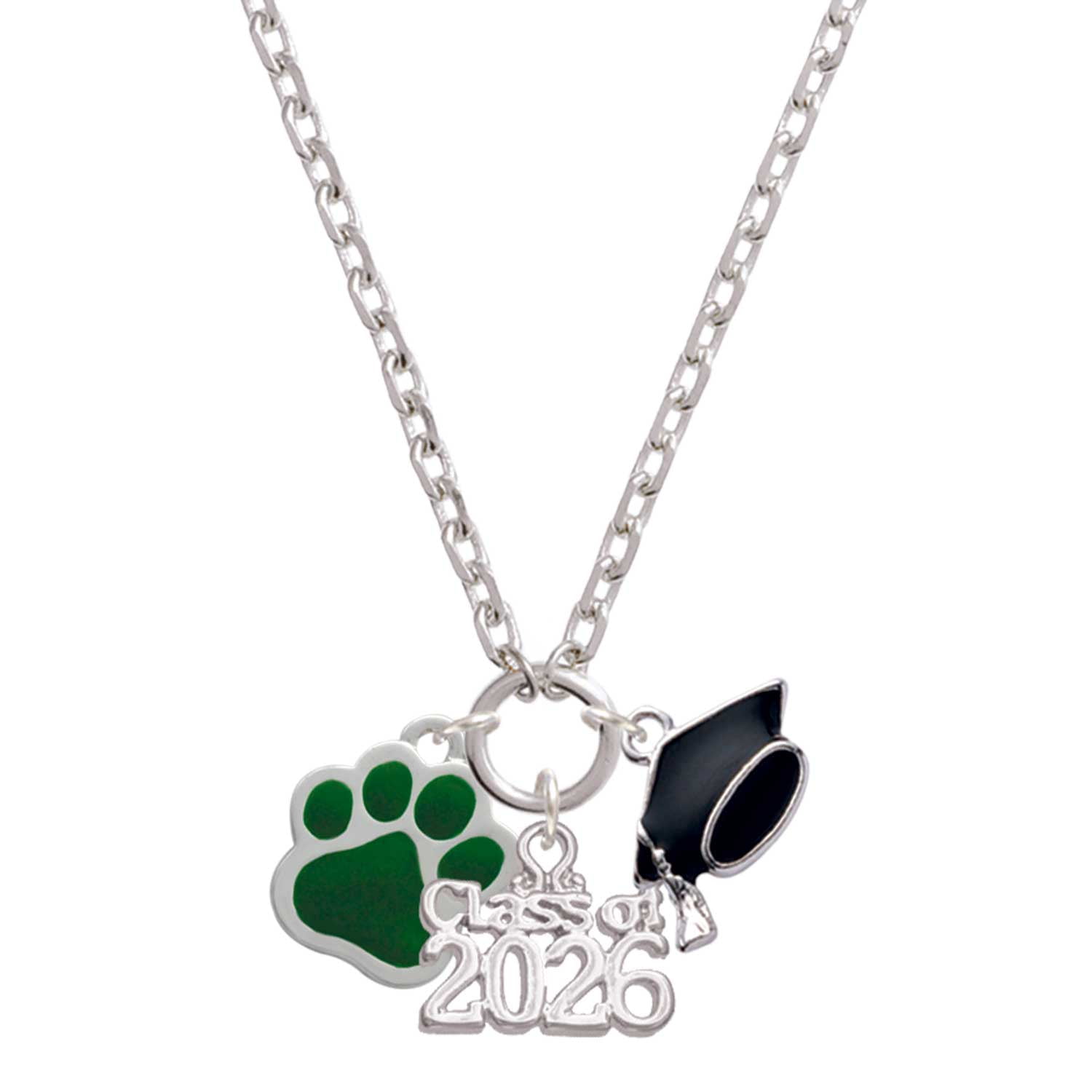 Delight Jewelry Silver-tone Large Green Paw - Class of 2026 Graduation Zoey Charm Necklace, 28"