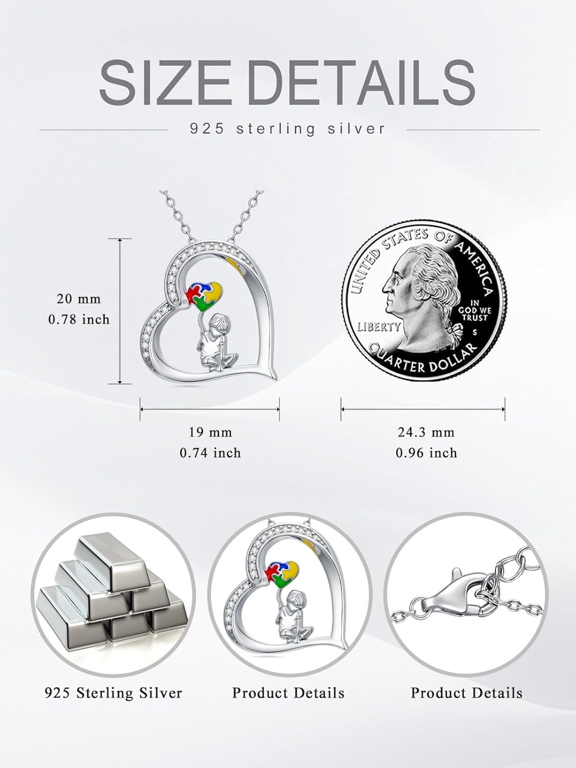 Autism Awareness Necklace 925 Sterling Silver Heart Puzzle Piece Pendant ASD Jewelry Inspirational Gifts for Women Mom