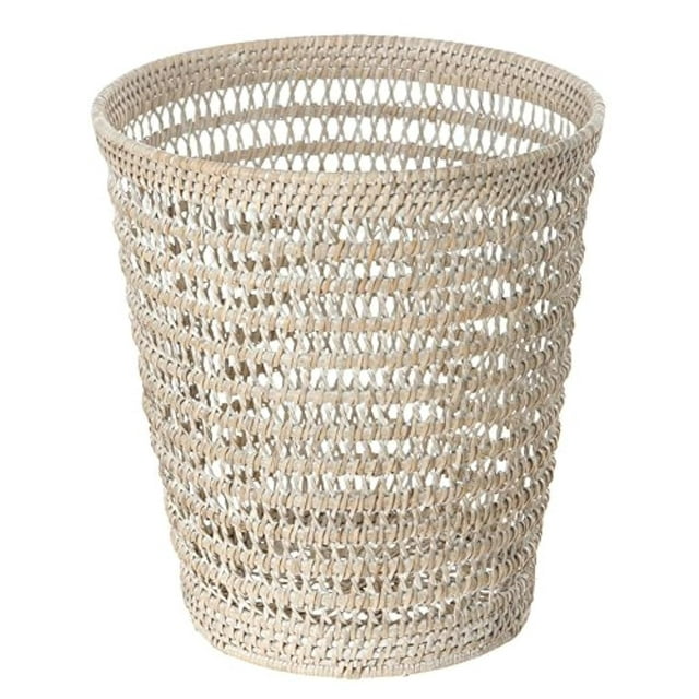 Kouboo La Jolla Rattan Mesh Waste Basket – Round Trash Can for Bathroom, Bedroom, Office – Boho Wicker, Bathroom Storage, Small Garbage Bin for Home Decor & Storage Basket, White Wash
