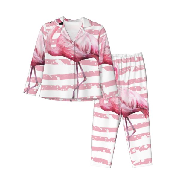 Fotbe Flamingo Conjunto de Pijama de Manga Larga para Mujer con Estampado, Ropa de Dormir de 2 Piezas, Conjunto de Casa Suave y Cómodo con Bolsillos-XX-Large