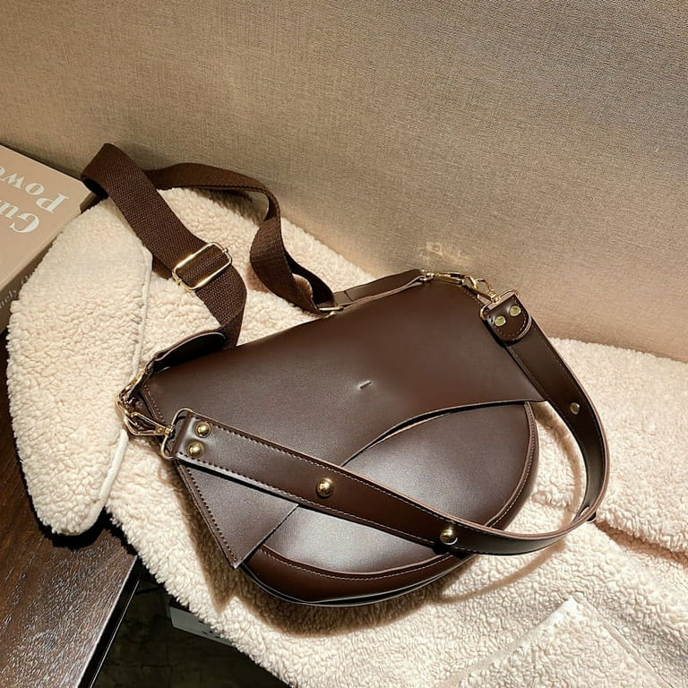Brown Leather Wide Strap Crossbody Saddle Bag Vintage Half Round Bags