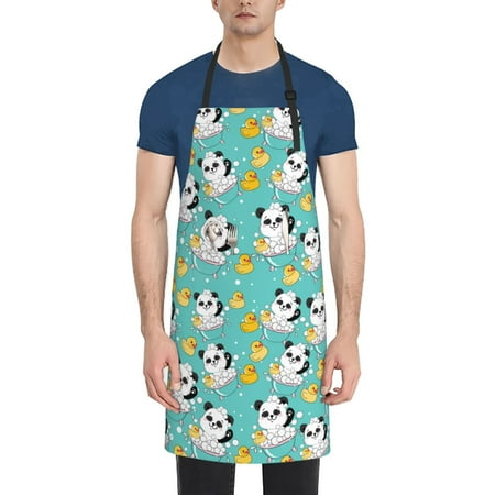 

Xecao Panda Bathing Print Kitchen Cooking Aprons Waterproof Adjustable Bib Aprons with 2 Pockets for Women Men Chef