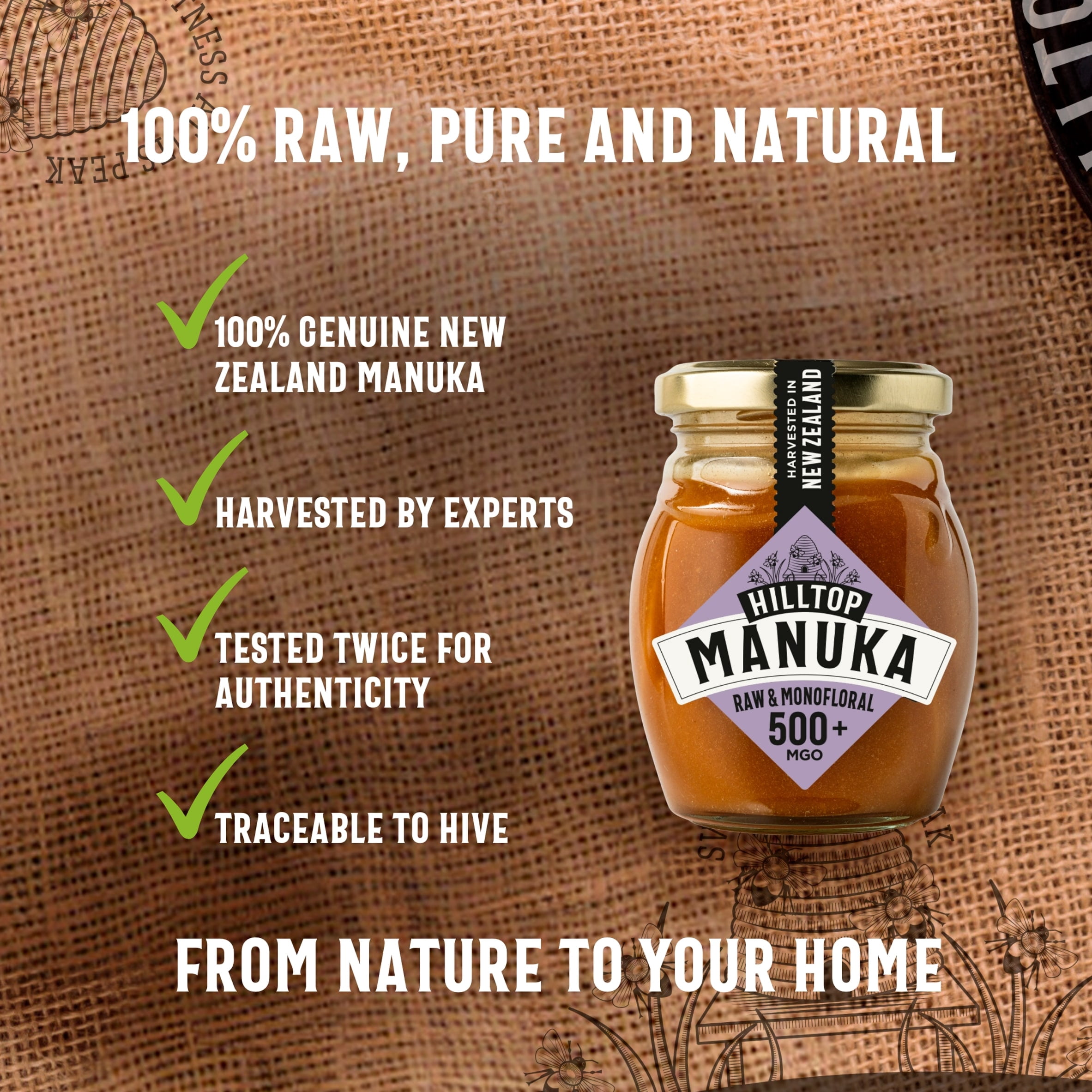 Hilltop Premium Manuka Honey 500+ Mgo 225G, Imported from Britain