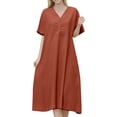 thumbnail image 1 of Women's Loose Fit Short Sleeve V-Neck Linen Blend Long Dress - Plus Size, Pure Color, Comfortable Wear, 1 of 6