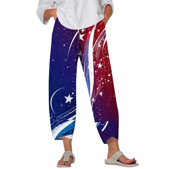 WTOBBY Women's Patriotic Print Wide Leg Summer Pants - Elastic Waist Casual Trousers with Deep Pockets & Quick-Dry Fabric for 4th of July Outfits,Blue L