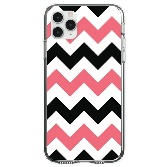 DistinctInk Clear Shockproof Hybrid Case for iPhone 11 Pro MAX (6.5" Screen) - TPU Bumper, Acrylic Back, Tempered Glass Screen Protector - Black Pink Chevron Stripes - Chevron Stripes Pattern