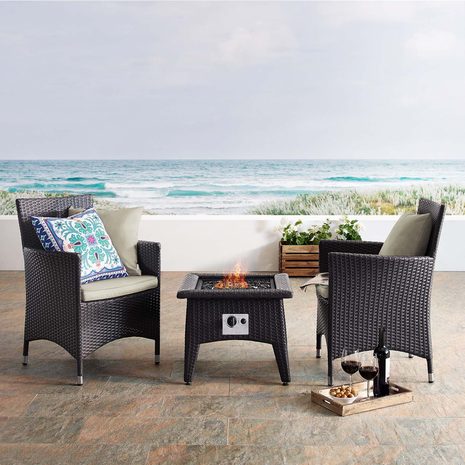 Convene 3 Piece Set Outdoor Patio with Fire Pit in Espresso Beige