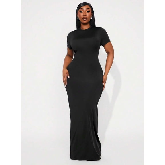 Plus Size Women's Solid Color Round Neck Short Sleeve Fitted Elegant Maxi Dress