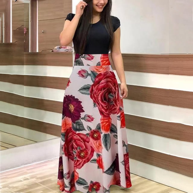 Qiopertar Mode Femmes Robe Longue à Manches Courtes Imprimé Floral Boho Robe Décontractée Grandes Économies de Vacances! Moins de 5$ jusqu'à 90 % de Réduction
