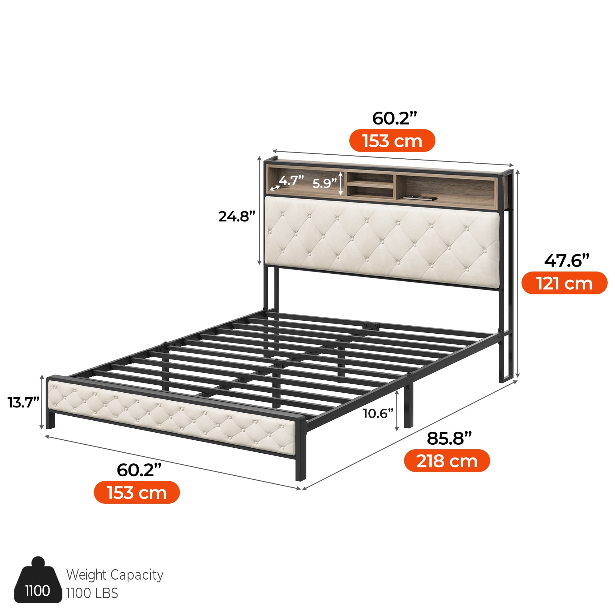 Uforic Beige Queen Size Platform Bed Frame with Upholstered Storage Headboard, Built-in Charging Station, and Metal Slats, No Box Spring Required