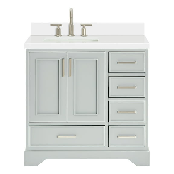 Ariel Stafford 37 Inch Single Left Offset Rectangle Sink Vanity With White Quartz Countertop W/1.5" Edge In Grey