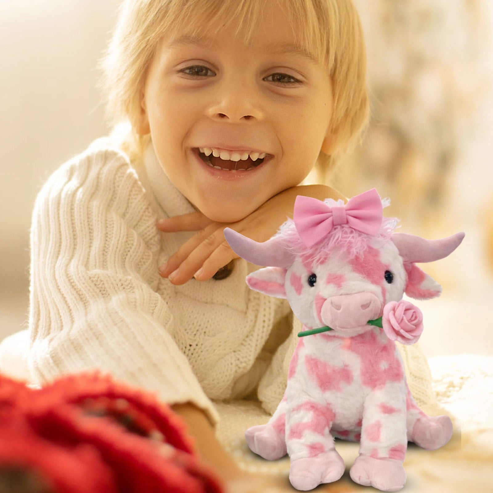 14inch Kawaii Pink Cow with Rose Stuffed Animals Plush Toy, Soft Plush Doll, Perfect Birthday Christmas Valentines Anniversary Easter Holiday Gifts, Easter Basket Stuffers