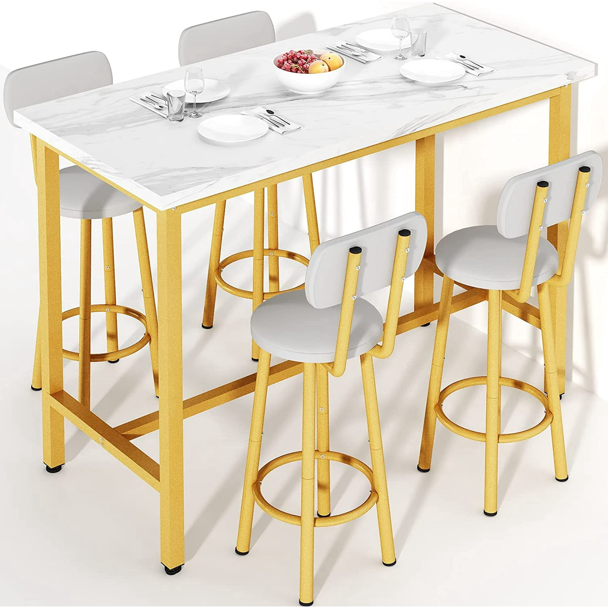 Lamerge Dining table set for 4, faux marble tavern table and chairs set, metal frame dining table with 4 high chairs for, tavern, kitchen, breakfast corner, apartment