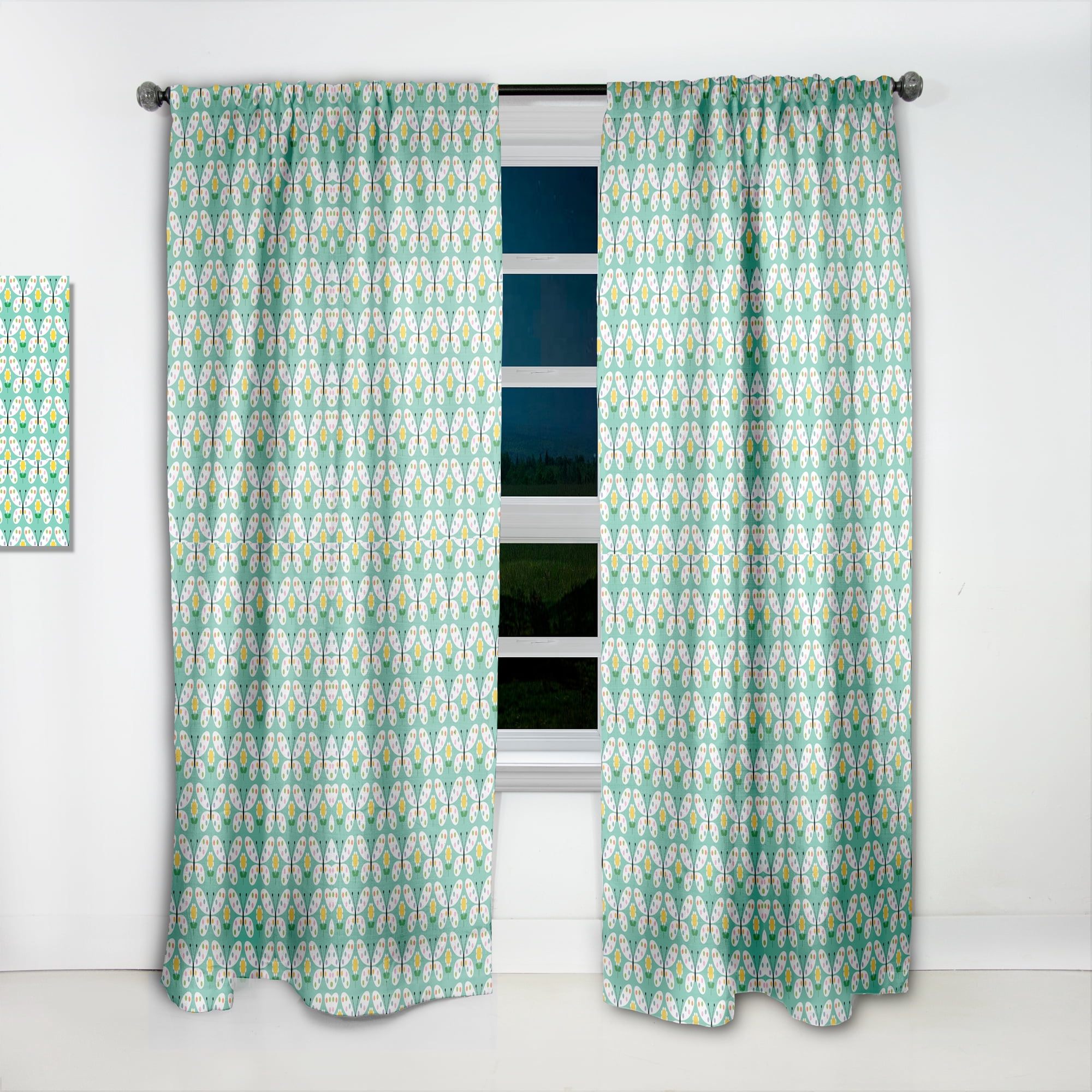 Designart 'Retro Butterflies On Green' Mid-Century Modern Curtain Panel