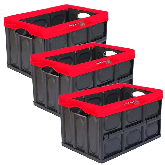 Caja Resistente y Plegable VentDepot InstaRed 3 Pzas 10kg 53x36x29cm Apilable Colapsable Polietileno Negro/Rojo