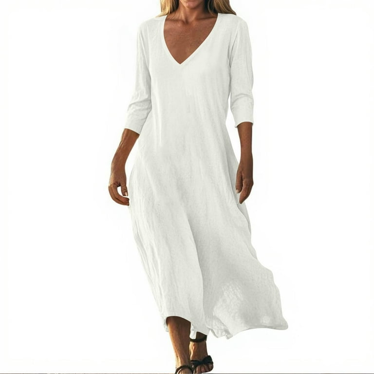 knee length dresses for ladies Maxi linen dress AGRA in White