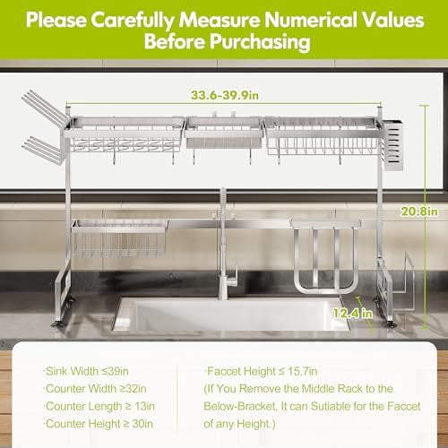 2 Tier Extra Large Stainless Steel Expandable Over The Sink Dish Drainer Drying Rack, Rust Proof Metal, Space Saving, Modern Silver Big Capacity Extendable Plate Strainers Above Kitchen Counter