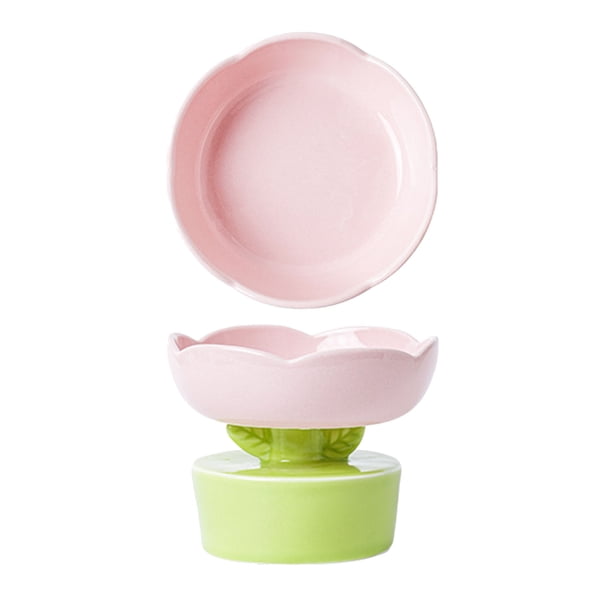 Cuenco de cerámica para comida de gatos, forma de flor bonita, gran capacidad, protección de la columna vertebral, cuenco elevado para comida para mascotas, gatos, perros, mascotas, rosa