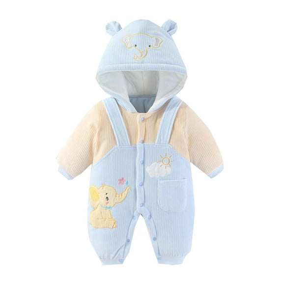 SonxaHe Newborn Boys Girls Romper Cartoon Elephant Long Sleeve Hooded Jumpsuit Fleece Cozy Soft Bodysuit for Baby Blue,Size 0-3 M