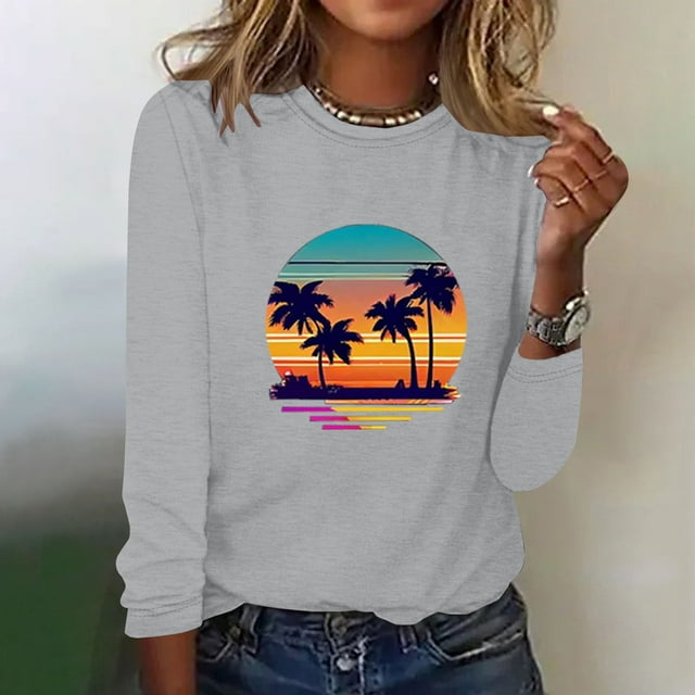 EQWLJWE Chemises à Manches Longues pour Femmes Mode Été T-Shirt Décontracté à Manches Longues Imprimé Col Rond Vêtements d'Automne pour Femmes