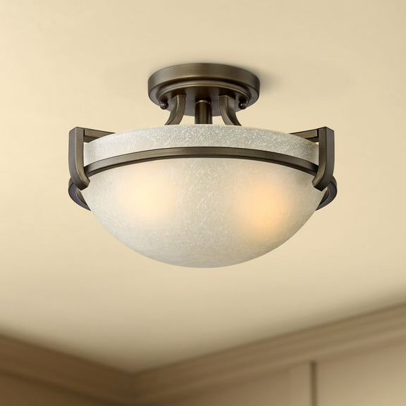 Regency Hill Mallot Modern Ceiling Light Semi Flush Mount Fixture 13" Wide Oil Rubbed Bronze 2-Light Champagne Crackle Glass Bowl Shade for Bedroom