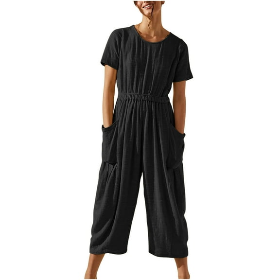 XWSHYW Jumpsuit for Women Fashion Short Sleeve Solid Color Jumpsuit Leisure Loose Fit Comfort Waist Long Rompers