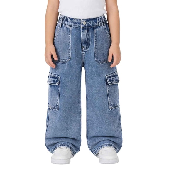 Afdoent Girls Pants Denim Cargo Pants For Girls With Pocket Straight Leg Design Elastic Waist And Casual Cool Style For Kids Casual Wear