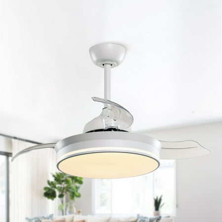 

Modern Matte White Retractable LED Ceiling Fan with Remote and Light - 36-in W x 14-in H