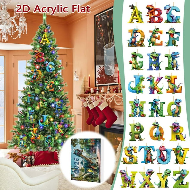 2D Acrylic Christmas Countdown Calendar Set - Double Printing Kids' Favorite Dinosaur Decorative Toy for Christmas Tree Celebrations