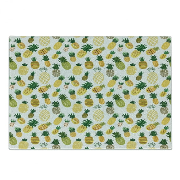 Food Cutting Board, Cartoon Style Fruits Simplistic Hand Drawn Tropical Pineapples with Stripes and Dots, Decorative Tempered Glass Cutting and Serving Board, Small Size, Multicolor, by Ambesonne