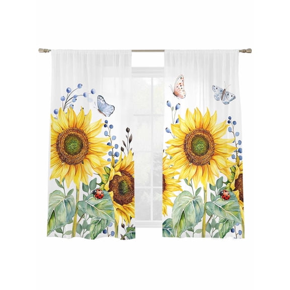 Sunflower Sheer Curtains 72 Inch Length 2 Panels Set, Semi Transparent Voile Rod Pocket Curtains for Living Dining Room Bedroom Drapes Yellow Floral Summer Botanical