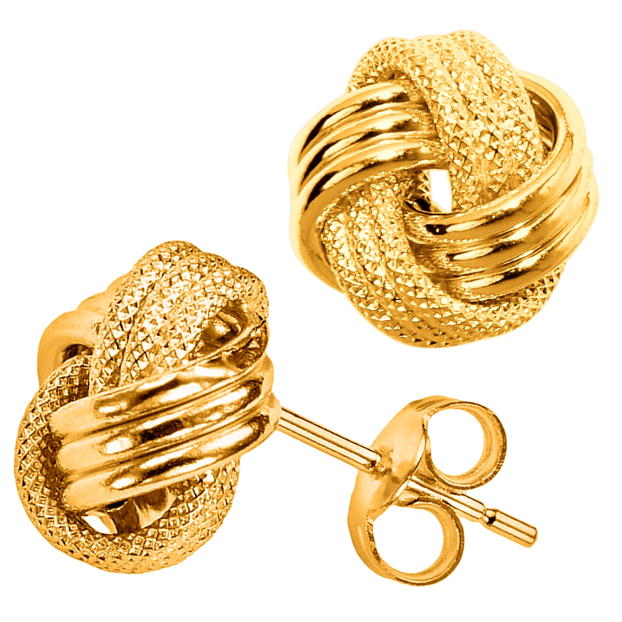 10k Yellow Gold Shiny And Textured Triple Row Love Knot Stud Earrings, 10mm