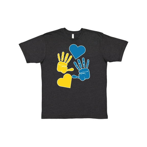 Inktastic Down Syndrome Awareness with Handprints and Hearts Blue and Yellow T-Shirt