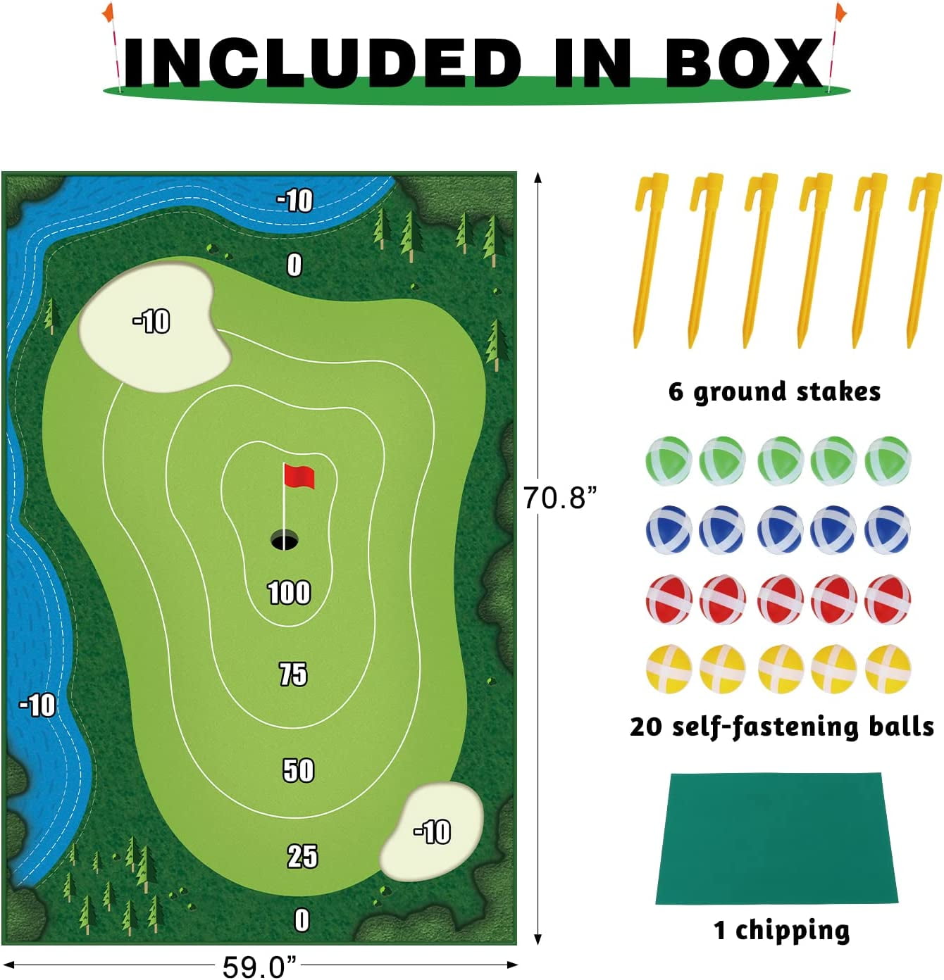 Golf Chipping Game Mat - Indoor Outdoor Golf Games for Adults with Chipping  Mat,12 Sticky Balls, 4 Ground Stakes, Score Card, and 2 Storage Bags-Golf