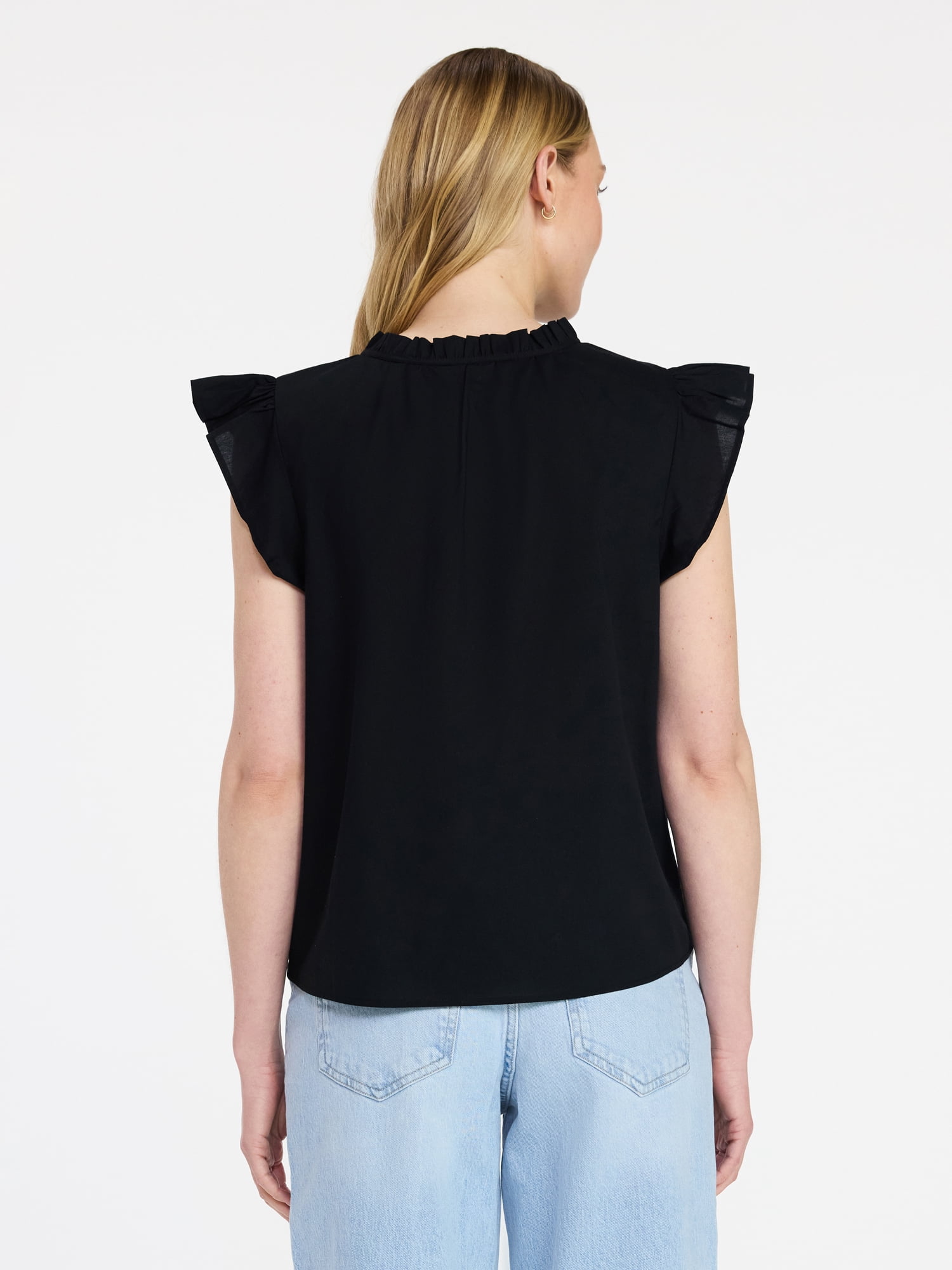 Time and Tru Women's Cotton Split Neck Top with Flutter Sleeves, Sizes XS-XXXL