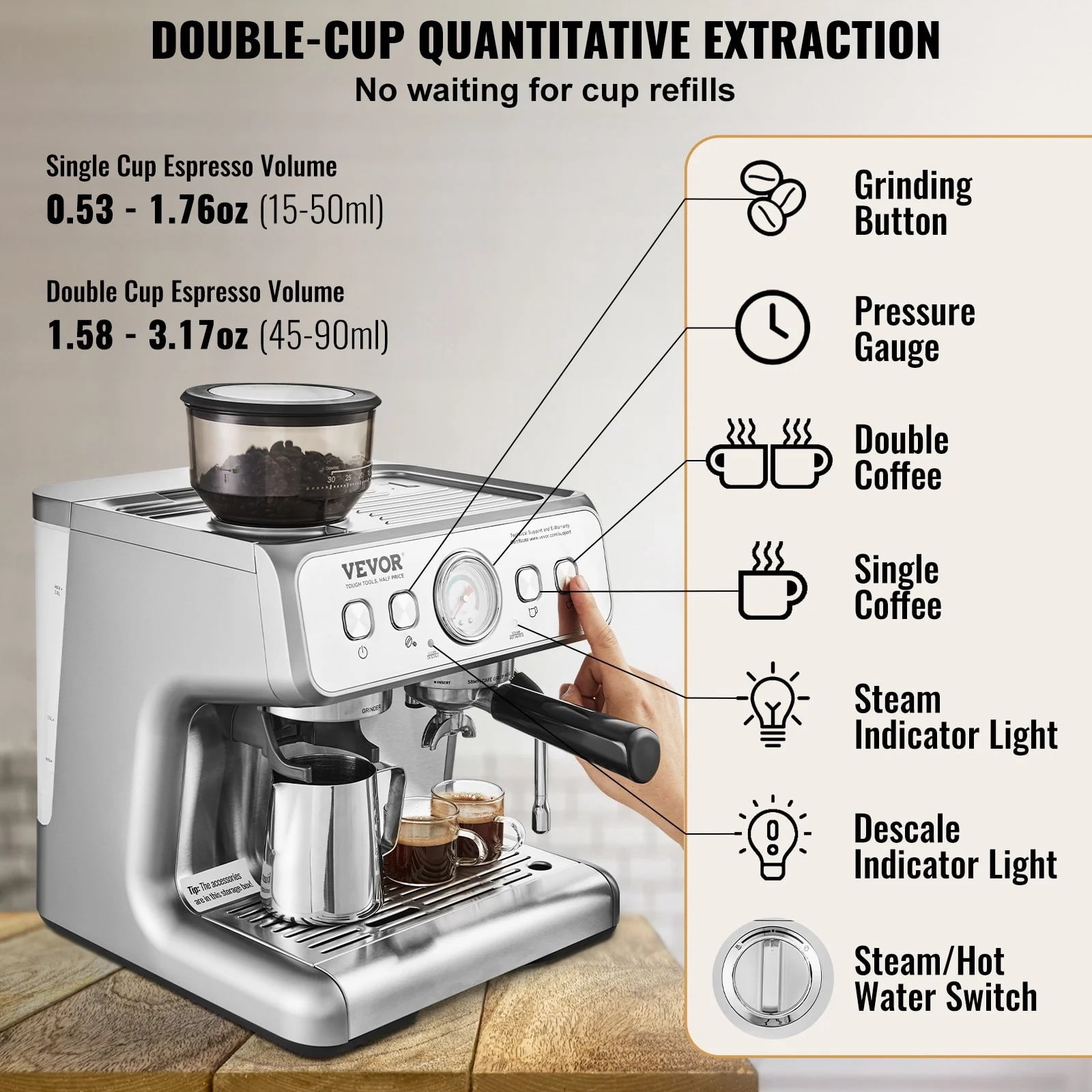 Vevor BZDYSKFJYMKAH5JSRV1 15 Bar Semi-Automatic Espresso Coffee Maker with Milk Frother Steam Wand