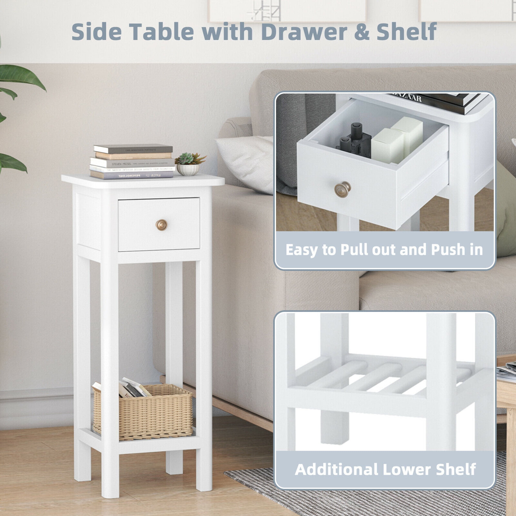 Gymax 2 Tier End Table with Drawer, White