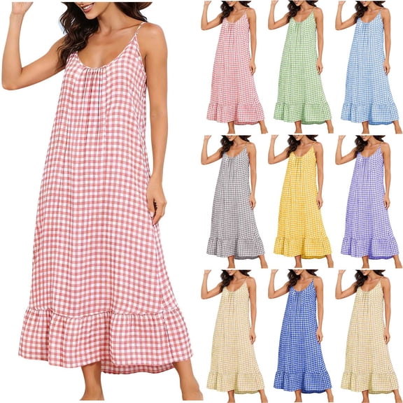 Aboser Womens Plaid Gingham Nightgowns Trendy Pleated Front Sleepwear Loose Round Neck Nightdress Comfy Soft Sleeveless Tank Sleep Shirts with Pockets