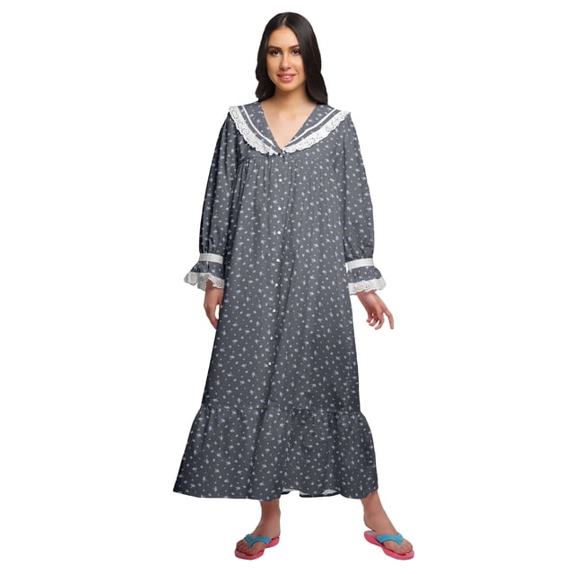 Moomaya Robe de Nuit Maxi à Manches Longues Imprimée Boutonnée en Coton