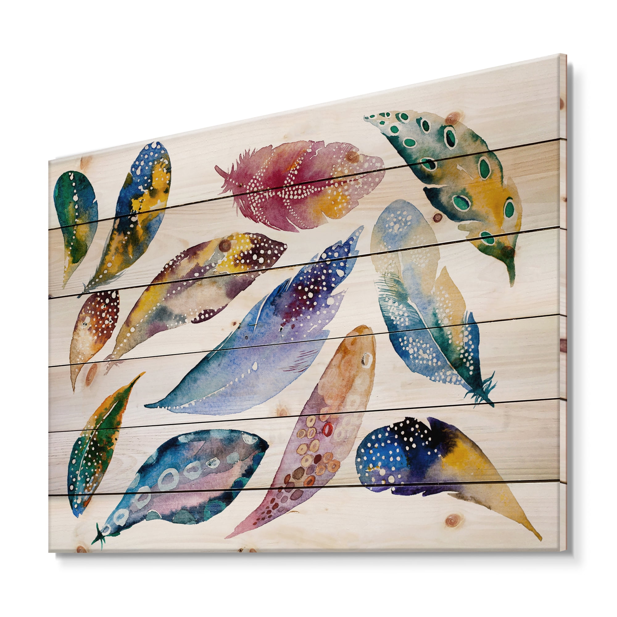 Designart 'Colourful Boho Feather Set On White VI' Bohemian & Eclectic Print on Natural Pine Wood
