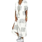 Women Vintage Print Long Maxi Dress Short Sleeve V Neck Shirt Dress Casual Loose Baggy Ethic Style Party Holiday Dresses Plus Size