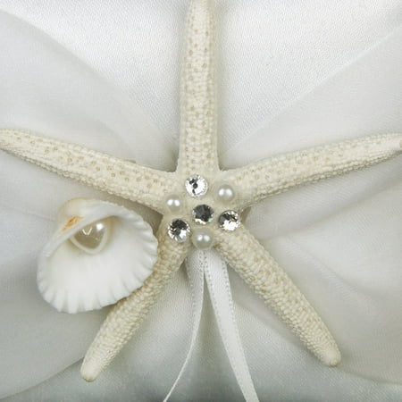 

10*10cm Beach Wedding Ring Bearer Pillow Shell Bridal Cushion with Satin Ribbons (White)