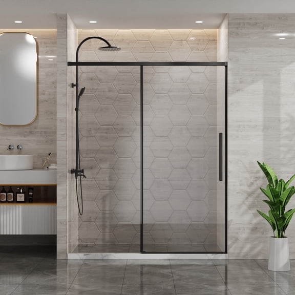 56-60"W x 72"H Semi-Frameless Sliding Door, 1/4"(6mm) Glass, Black