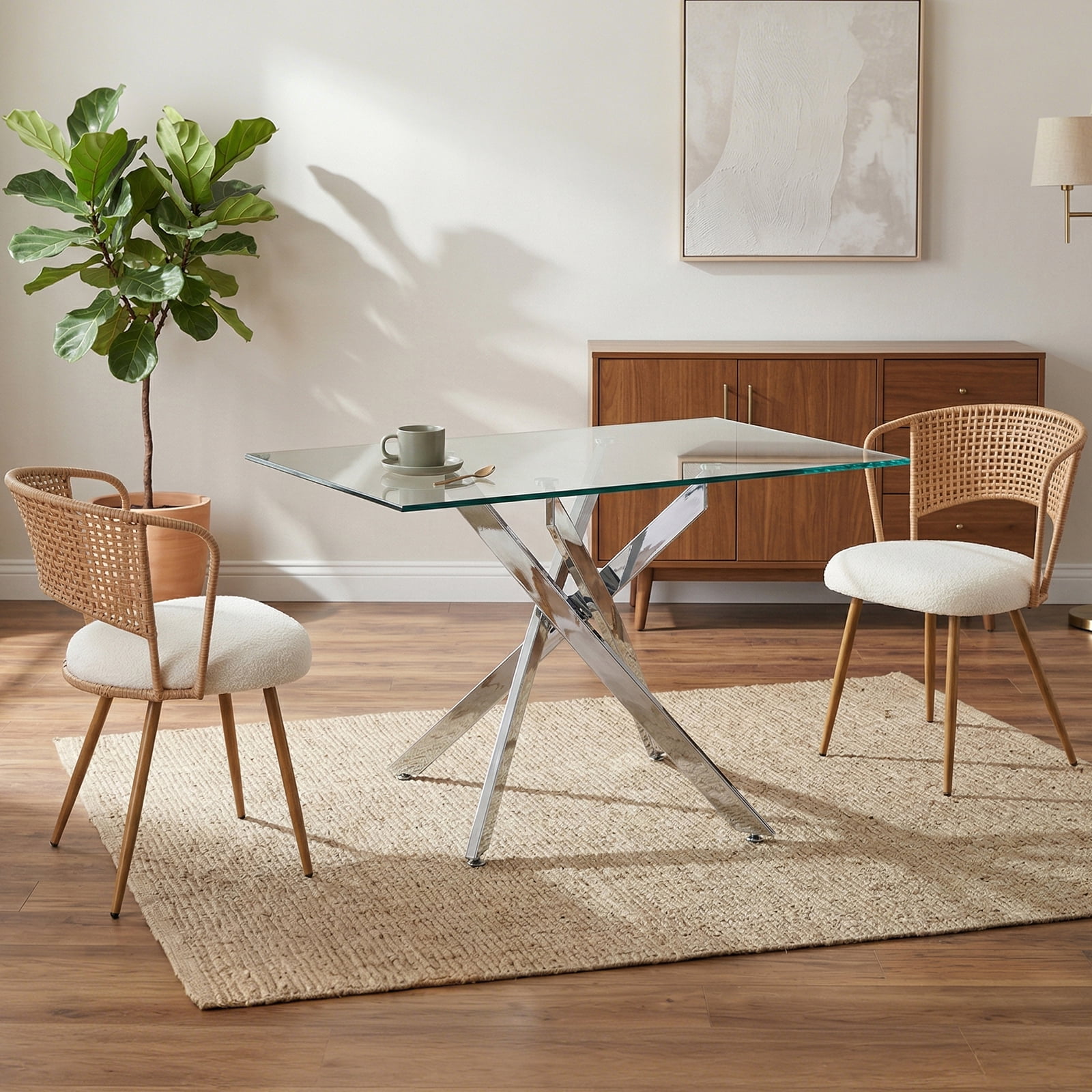 2-Piece Set Wicker Dining Chairs, Farmhouse Soft Cushioned Cane Back Kitchen Chair, Sponge Cushion, Wing-Back Dining Chair With Metal Legs, Suitable For Home And Kitchen (Brown)