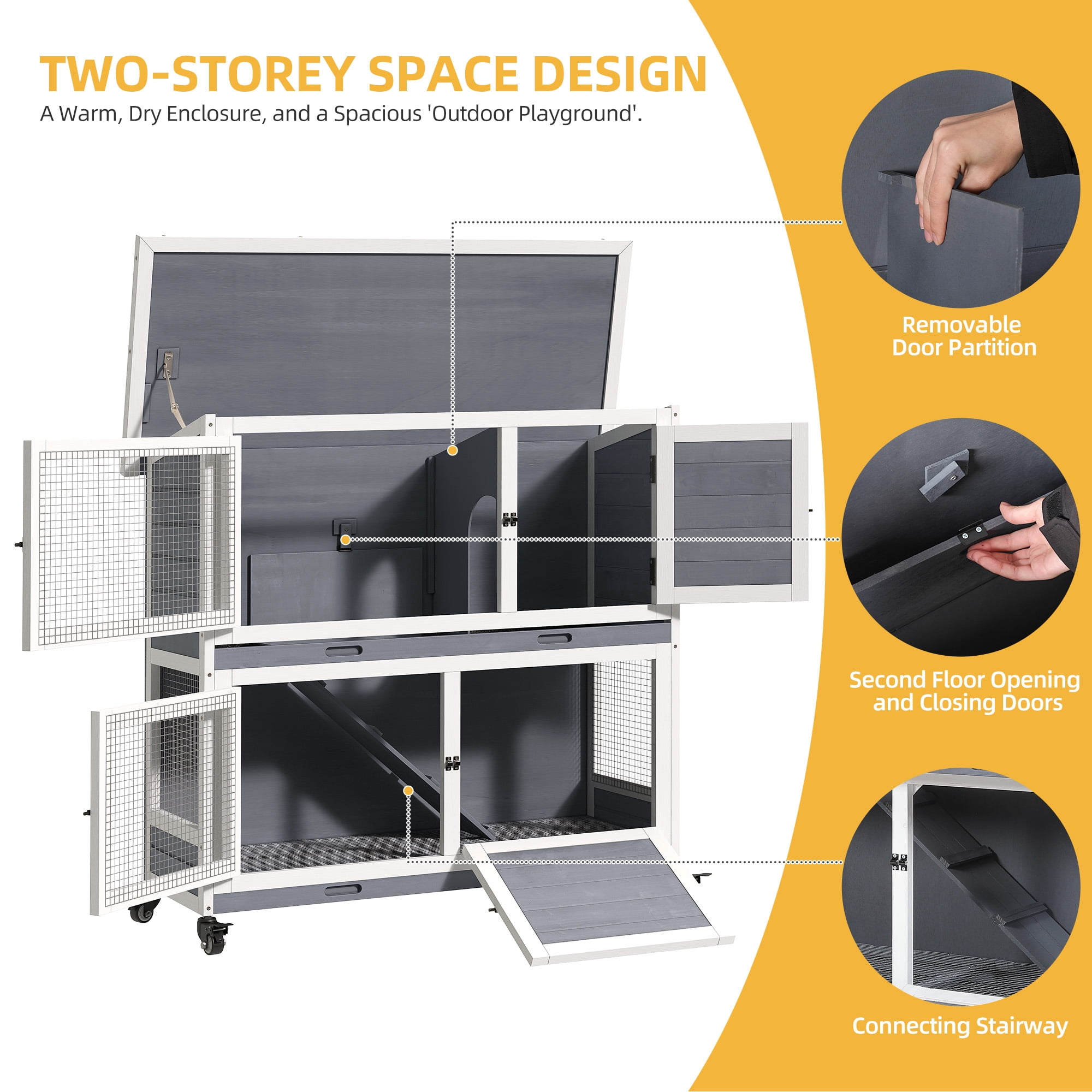 Uforic Rabbit Hutch Bunny Cage Indoor Outdoor with Removable Tray and Wheels