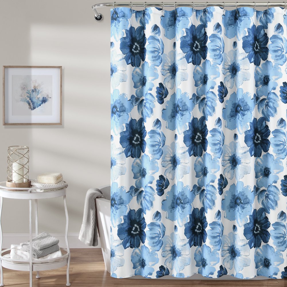 Lush Decor Leah Floral Polyester Shower Curtain, Navy/White, 72" x 72", Single